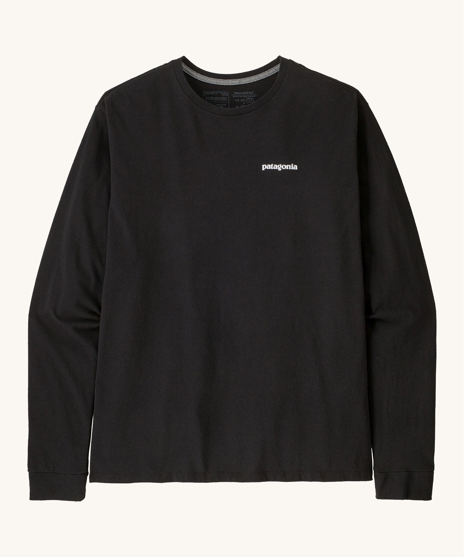 Patagonia Adult  L/S P-6 Logo Responsibili-Tee. A black long sleeve cotton top with the brand name printed on the left chest