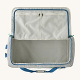 Open Patagonia black hole 70l duffel bag in light grey showing extra zipped mesh compartments on inside lid