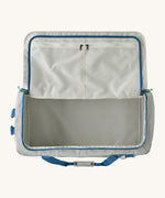 Open Patagonia black hole 70l duffel bag in light grey showing extra zipped mesh compartments on inside lid