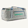 Patagonia black hole 70l duffel bag in birch white with blue zip details and mint green printed logo. 