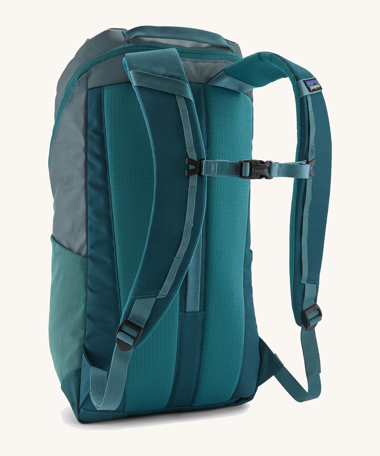 The back of the Patagonia Black Hole Backpack 25L, in a Tidal Teal blue colour palette. 