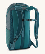 The back of the Patagonia Black Hole Backpack 25L, in a Tidal Teal blue colour palette. 