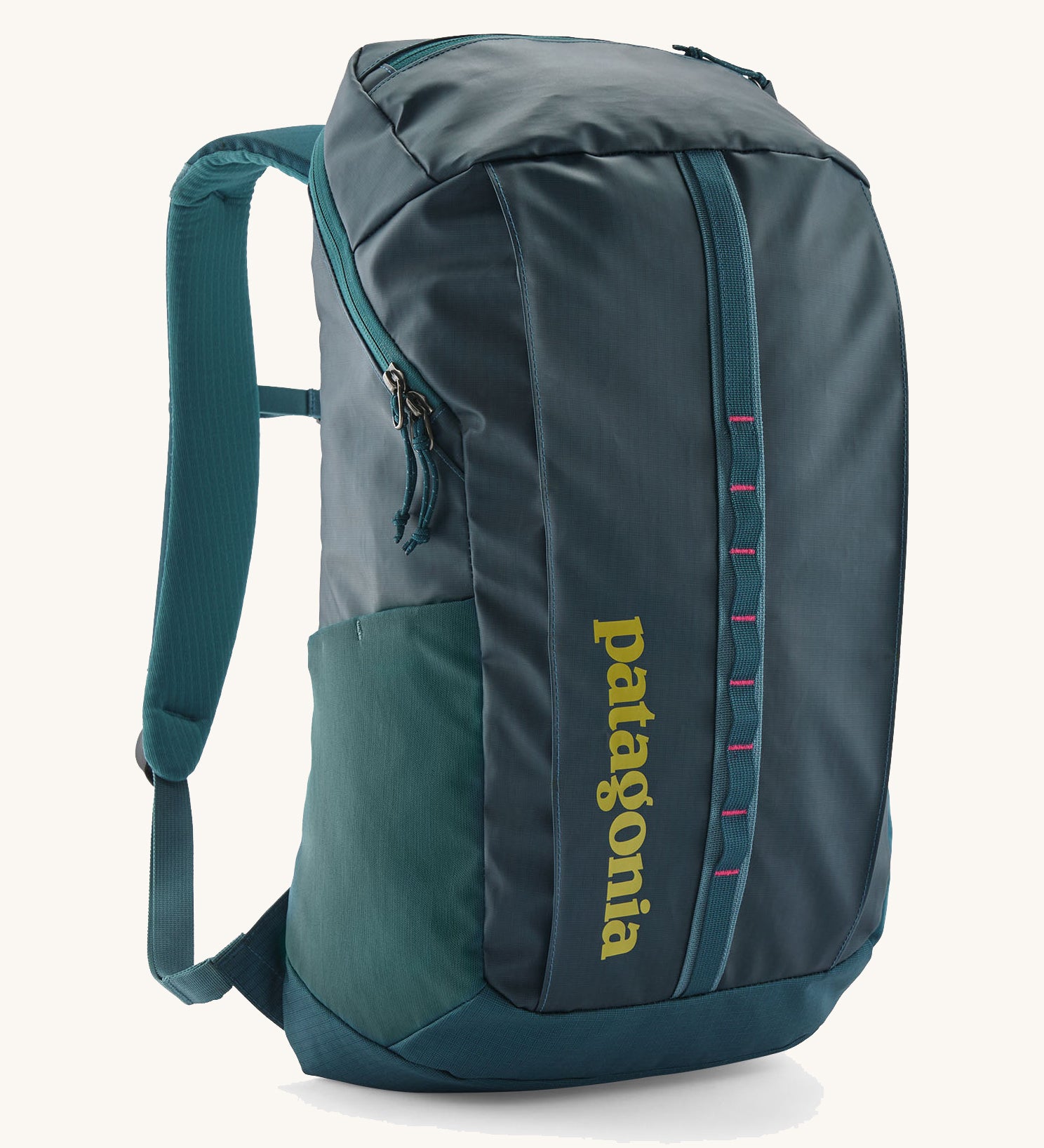 The Patagonia Black Hole Backpack 25L, in a Tidal Teal colour palette with green branding and pink details.