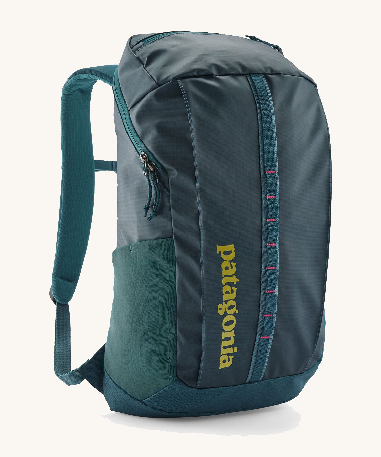 The Patagonia Black Hole Backpack 25L, in a Tidal Teal colour palette with green branding and pink details.