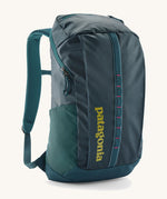 The Patagonia Black Hole Backpack 25L, in a Tidal Teal colour palette with green branding and pink details.