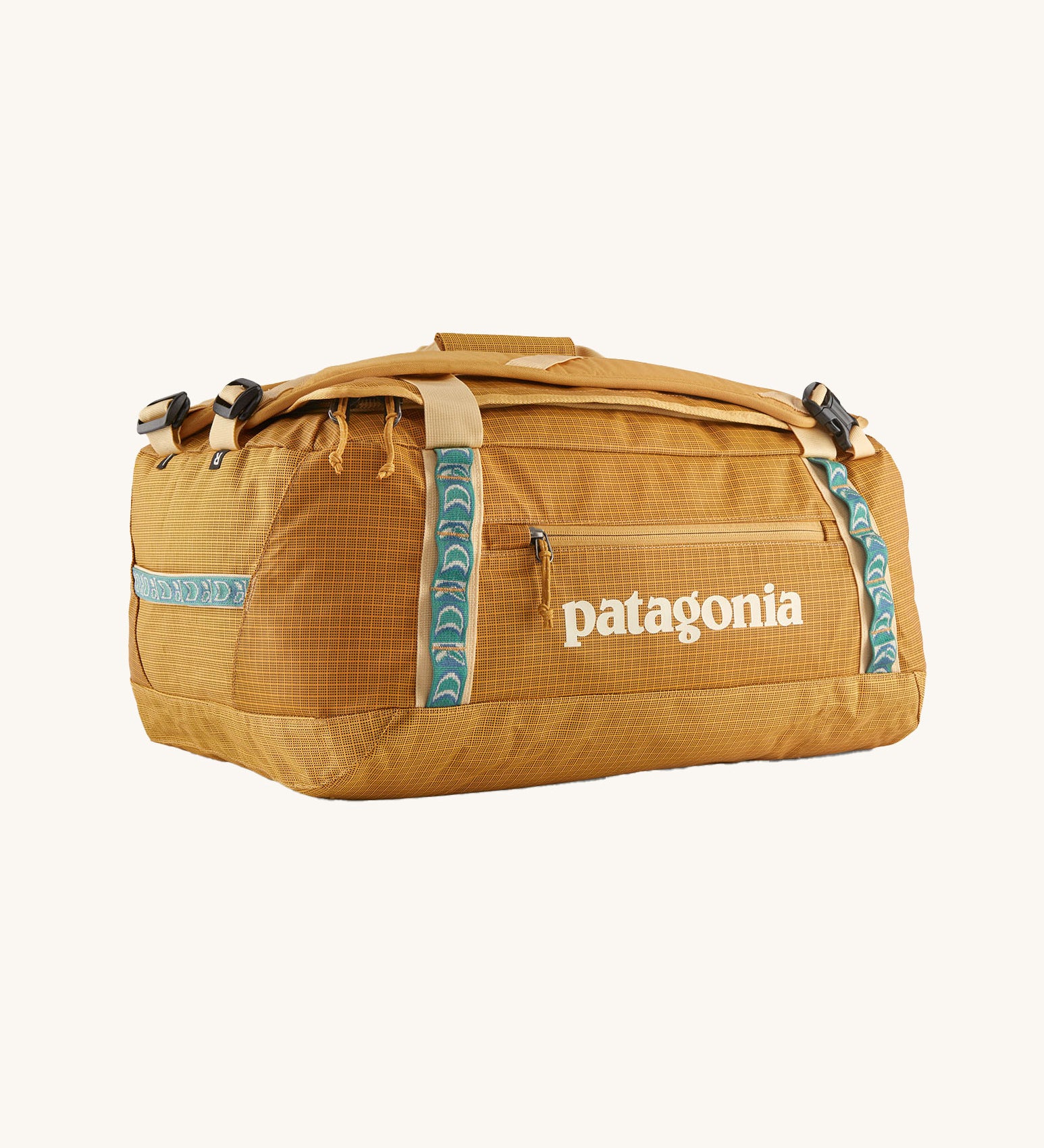 The Patagonia Black Hole Duffel 40L in Pufferfish Gold on a plain background. 
