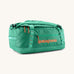 Patagonia black hole 40L duffel bag in aqua stone with orange printed logo and zip pulls. 