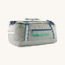 Patagonia black hole 40l duffel bag in birch white with blue zip details and mint green printed logo.