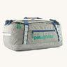 Patagonia black hole 40l duffel bag in birch white with blue zip details and mint green printed logo.