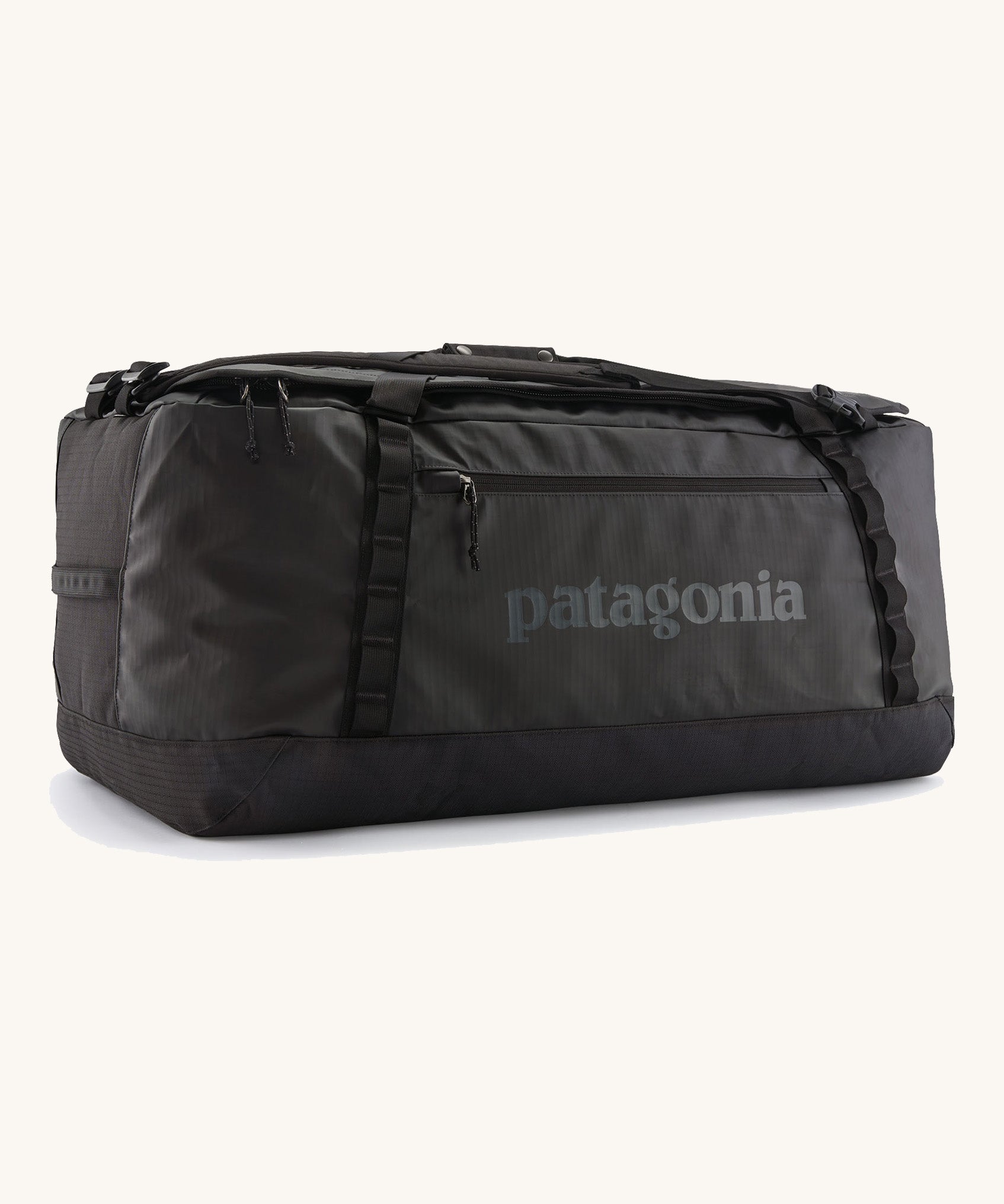 The large 100 litre capacity Patagonia Black Hole Duffel Luggage Bag, in monochrome all black. 