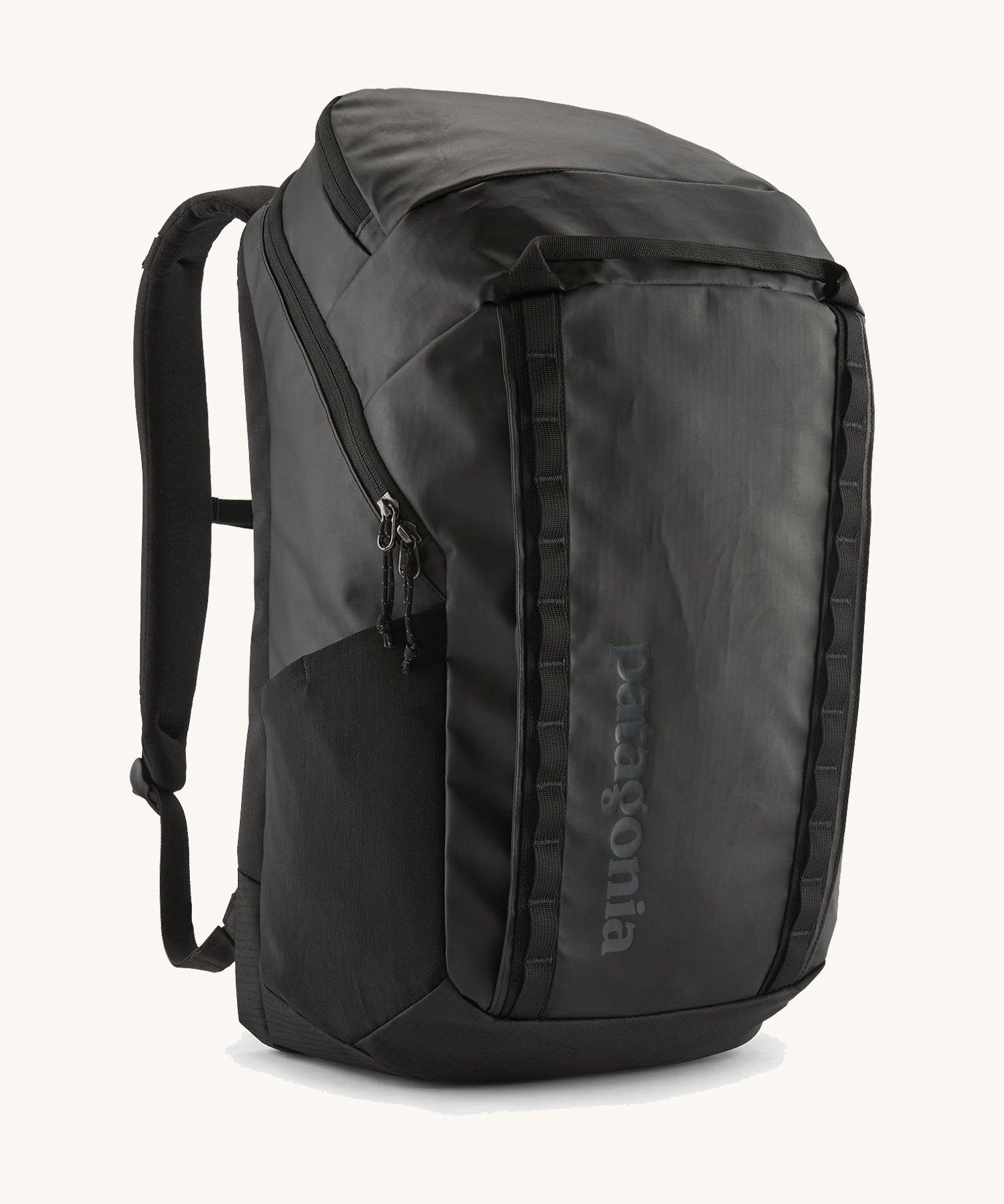 Patagonia Black Hole Pack 32L black front view showing durable water resistant material and large travel backpack storage.