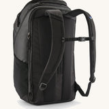 Patagonia Black Hole Pack 32L in black shown from the back, highlighting padded shoulder straps and travel backpack design.