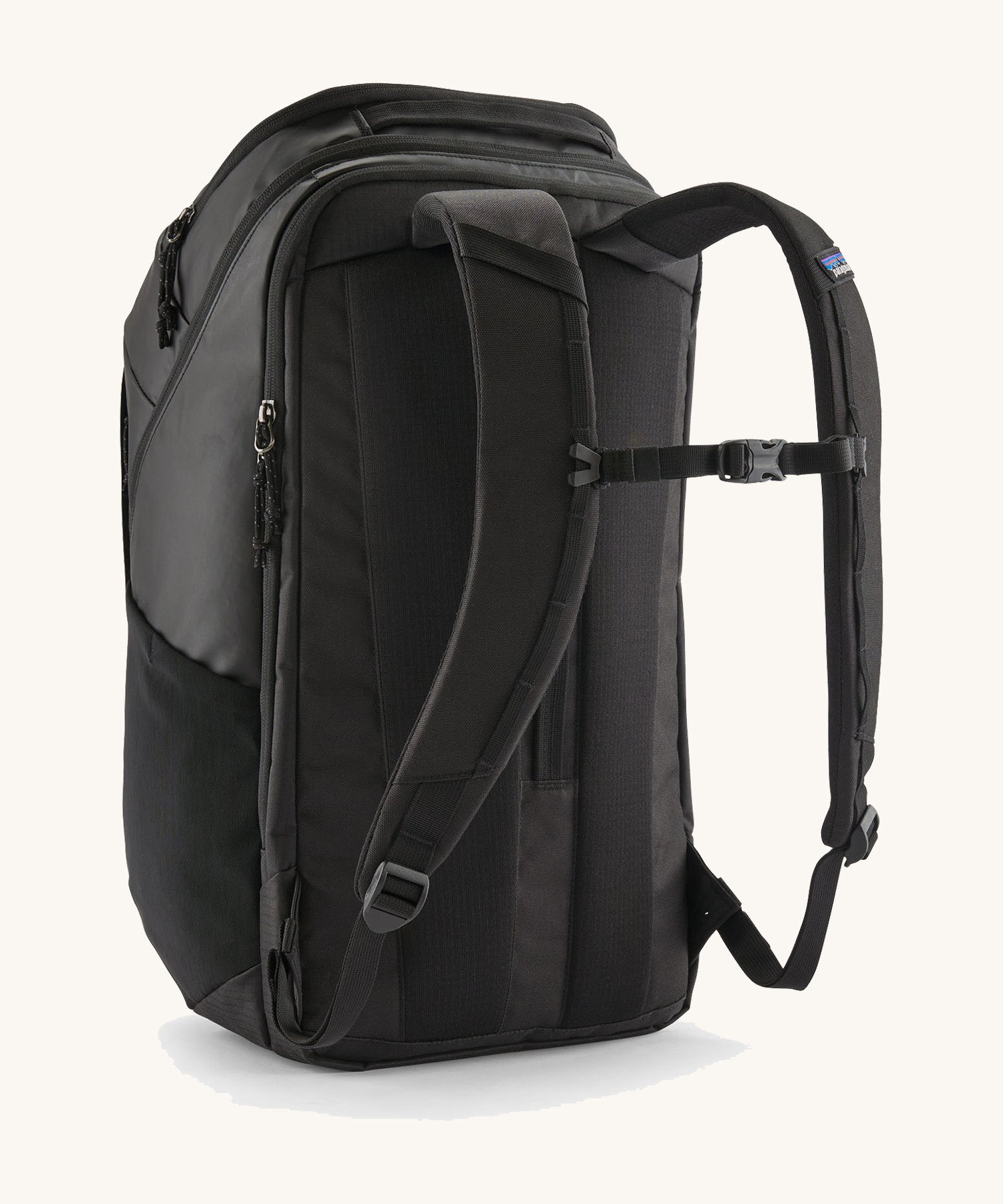 Patagonia Black Hole Pack 32L in black shown from the back, highlighting padded shoulder straps and travel backpack design.