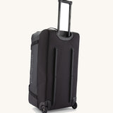 Patagonia black hole wheeled 100L duffel bag in black with pull up pull along handle.
