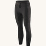 A pair of black Patagonia running 7/8 tights on a cream background.