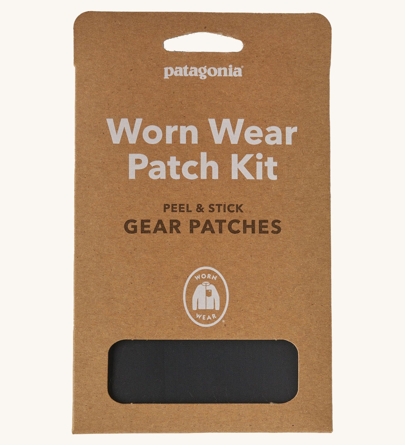 Patagonia worn wear patches in black front packaging detail on a cream background.