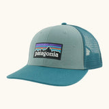 Patagonia P-6 logo trucker hat in blue sage. Made with organic cotton with a polyester mesh back.