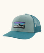Patagonia P-6 logo trucker hat in blue sage. Made with organic cotton with a polyester mesh back.