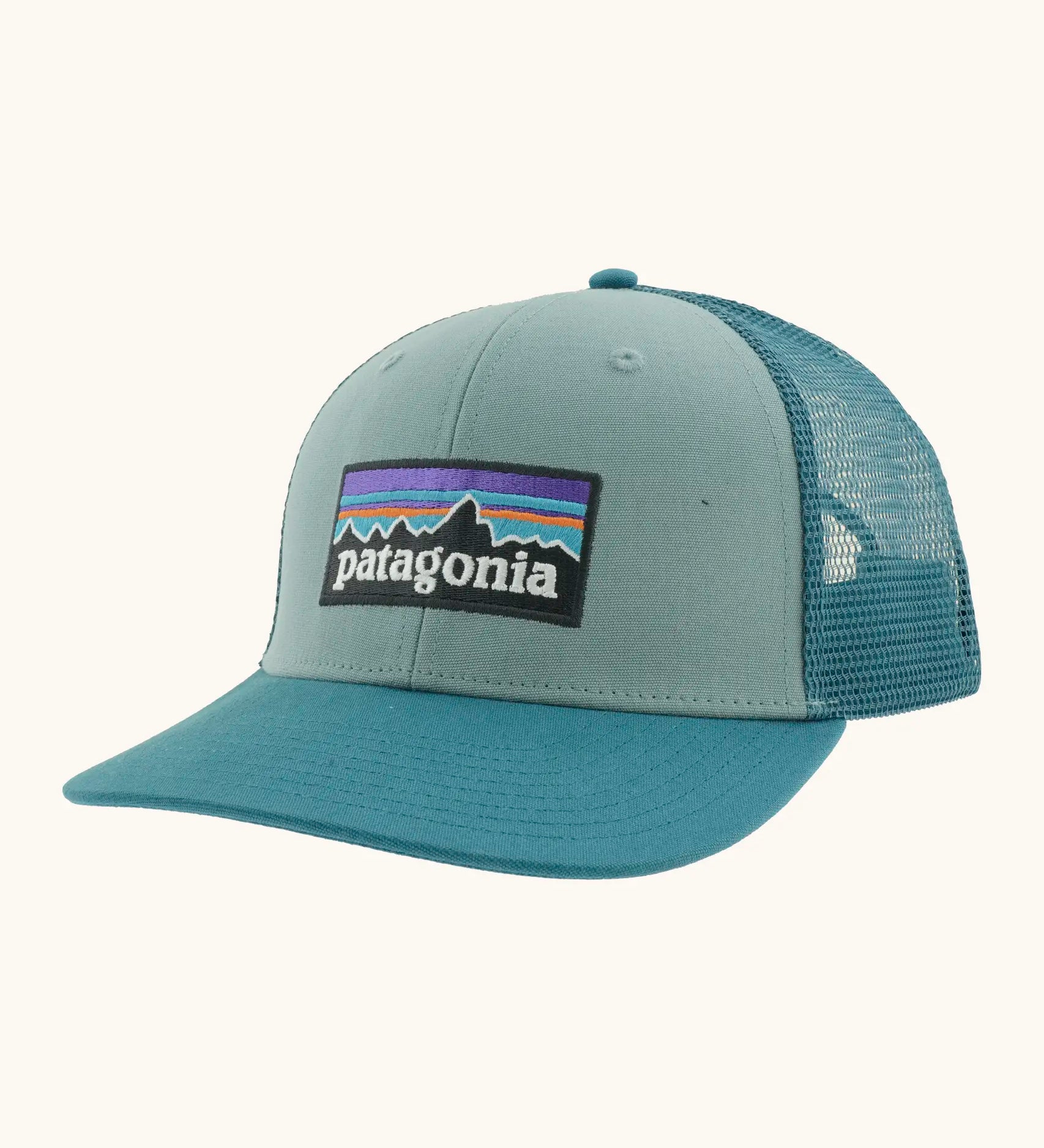Patagonia P-6 logo trucker hat in blue sage. Made with organic cotton with a polyester mesh back.