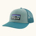Patagonia P-6 logo trucker hat in blue sage. Made with organic cotton with a polyester mesh back.