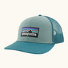 Patagonia P-6 logo trucker hat in blue sage. Made with organic cotton with a polyester mesh back.