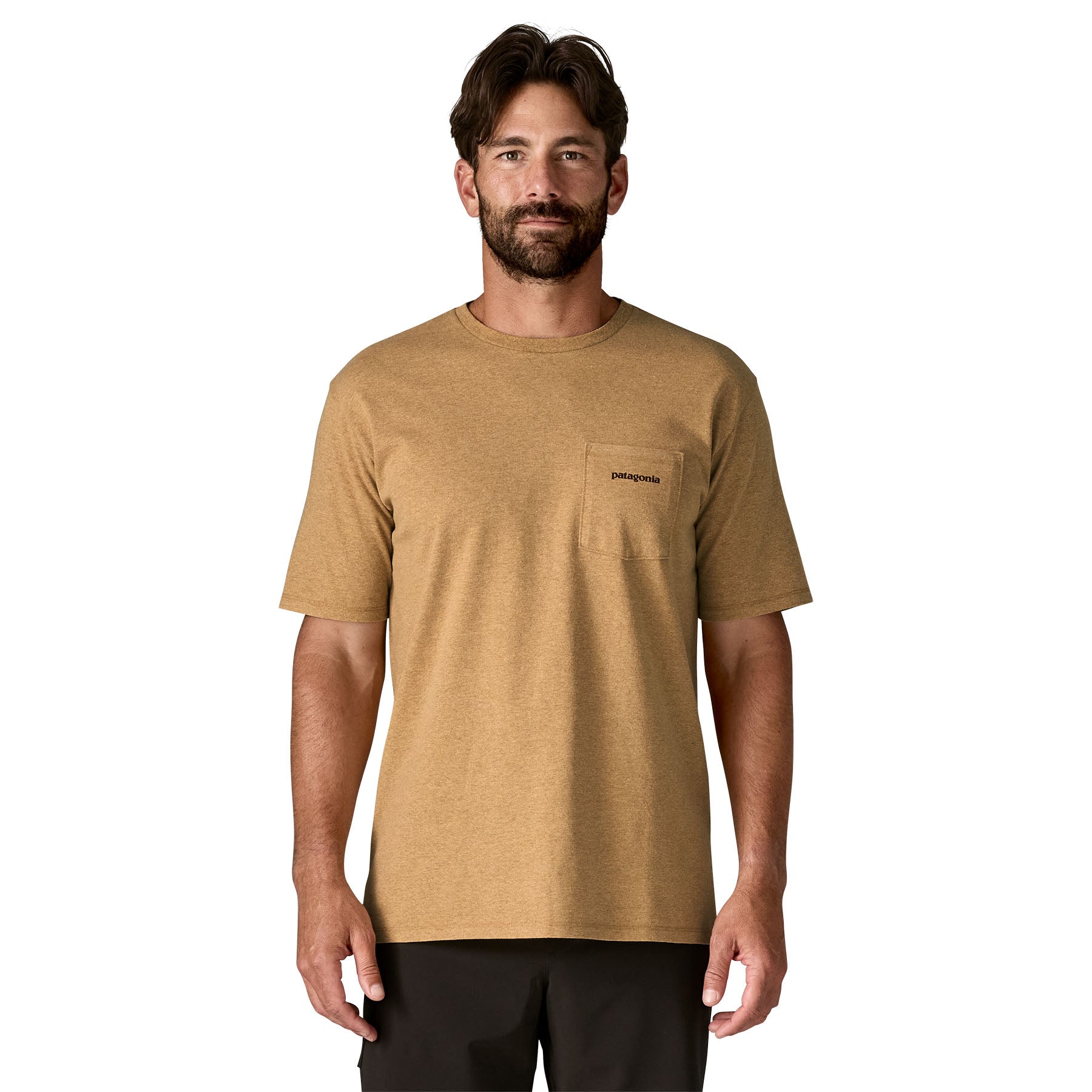 A man wearing a Patagonia Men's Boardshort Logo Pocket Responsibili-Tee in talon gold available at Babipur.