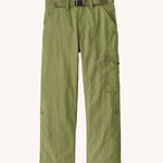 Patagonia kids everyday outdoor pants in a green colour on a cream background.