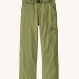Patagonia kids everyday outdoor pants in a green colour on a cream background.