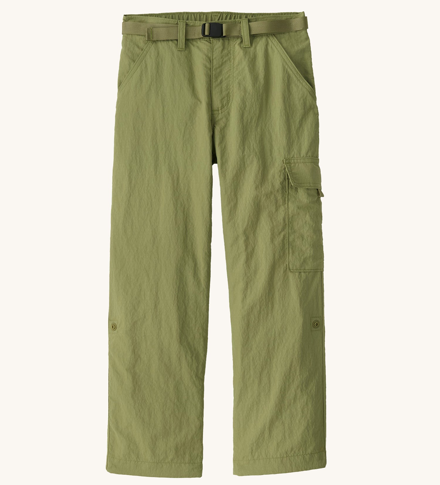 Patagonia kids everyday outdoor pants in a green colour on a cream background.
