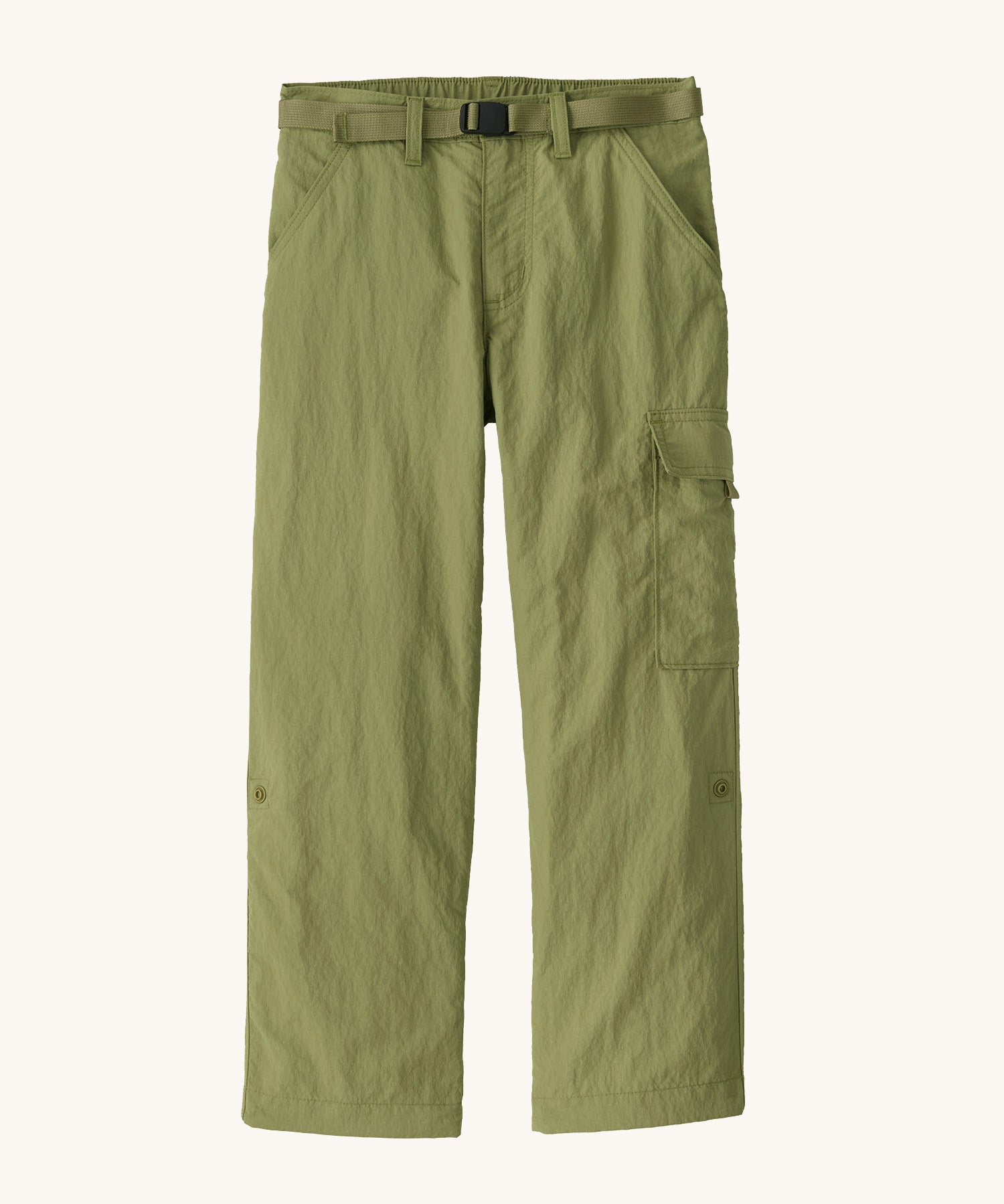 Patagonia kids everyday outdoor pants in a green colour on a cream background.
