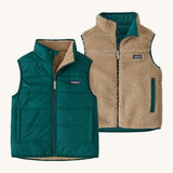 Patagonia kids ready freddy vest in cascade green side by side showing the thick fleece and green shell.