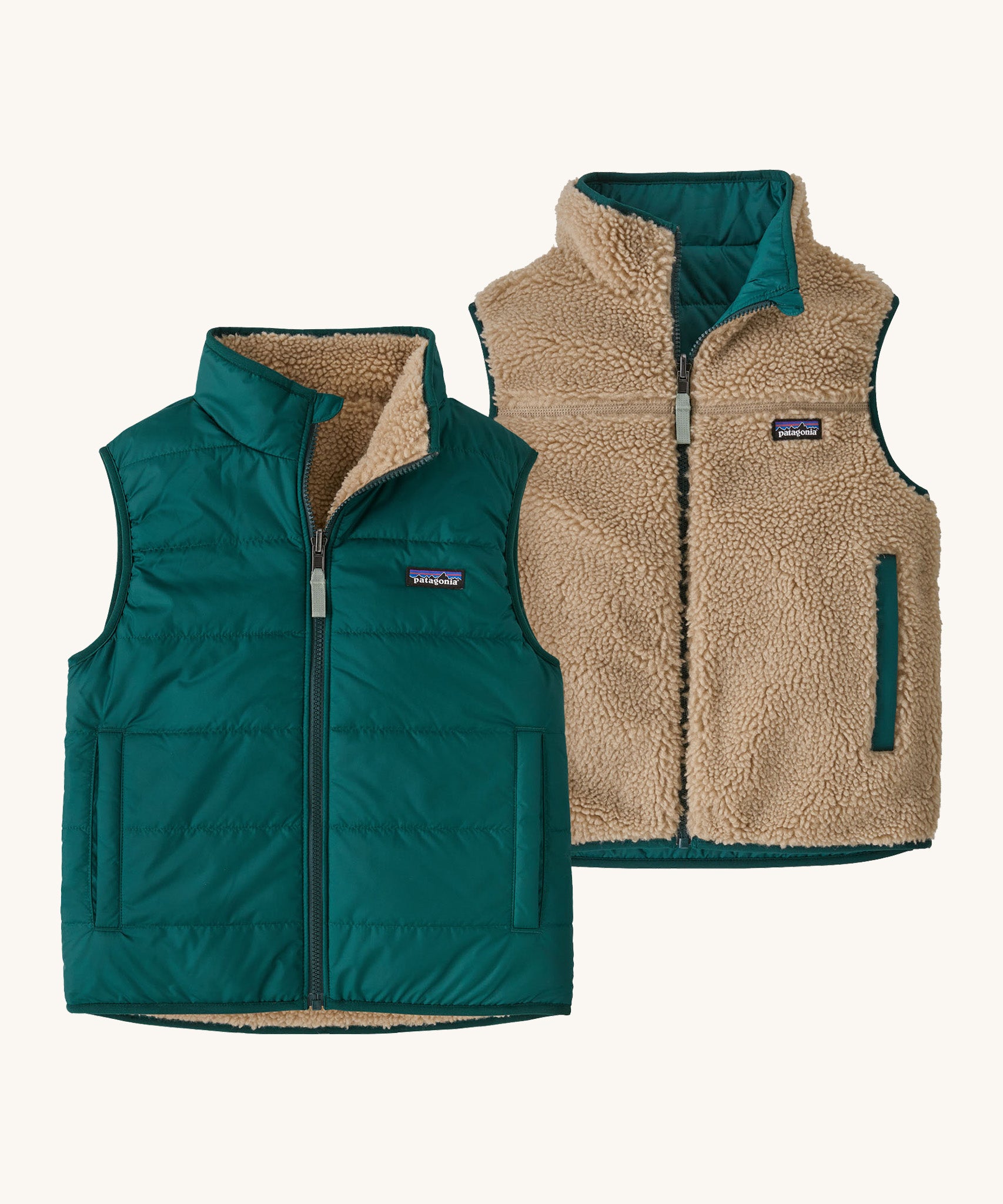 Patagonia kids ready freddy vest in cascade green side by side showing the thick fleece and green shell.