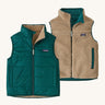 Patagonia kids ready freddy vest in cascade green side by side showing the thick fleece and green shell.