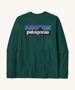 Patagonia men's logo t-short in cascade green. A long sleeve t-shirt with a large brand logo printed on the back