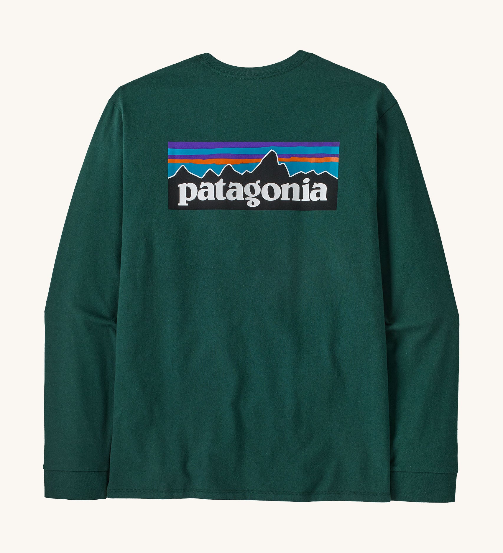 Patagonia men's logo t-short in cascade green. A long sleeve t-shirt with a large brand logo printed on the back