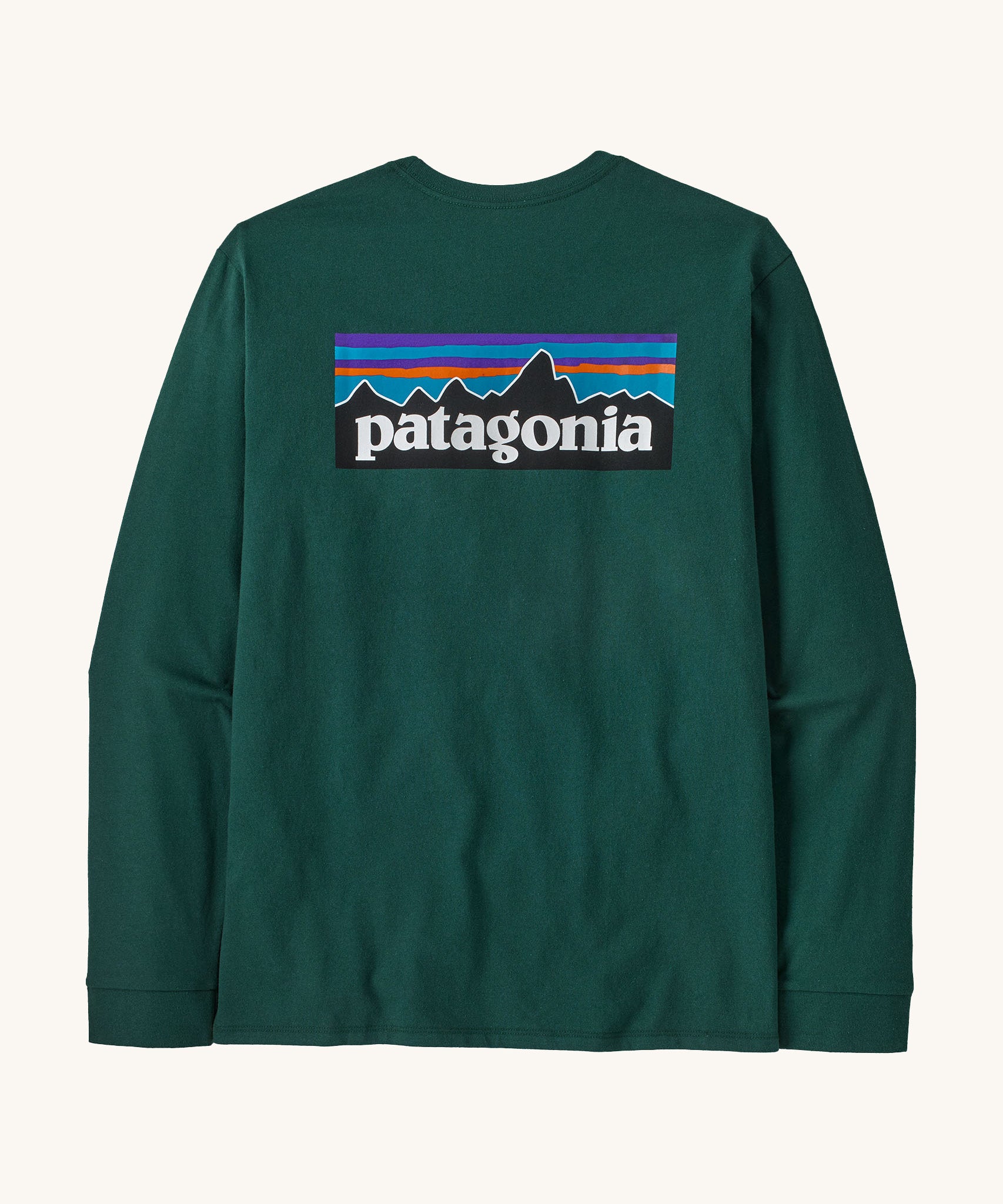 Patagonia men's logo t-short in cascade green. A long sleeve t-shirt with a large brand logo printed on the back