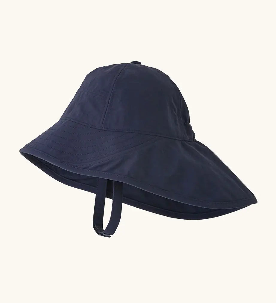 Patagonia little kids block the sun hat navy with showing chin strap with velcro fastener