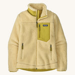 Patagonia women's classic retro fleece jacket in a light yellow colour on a cream background.