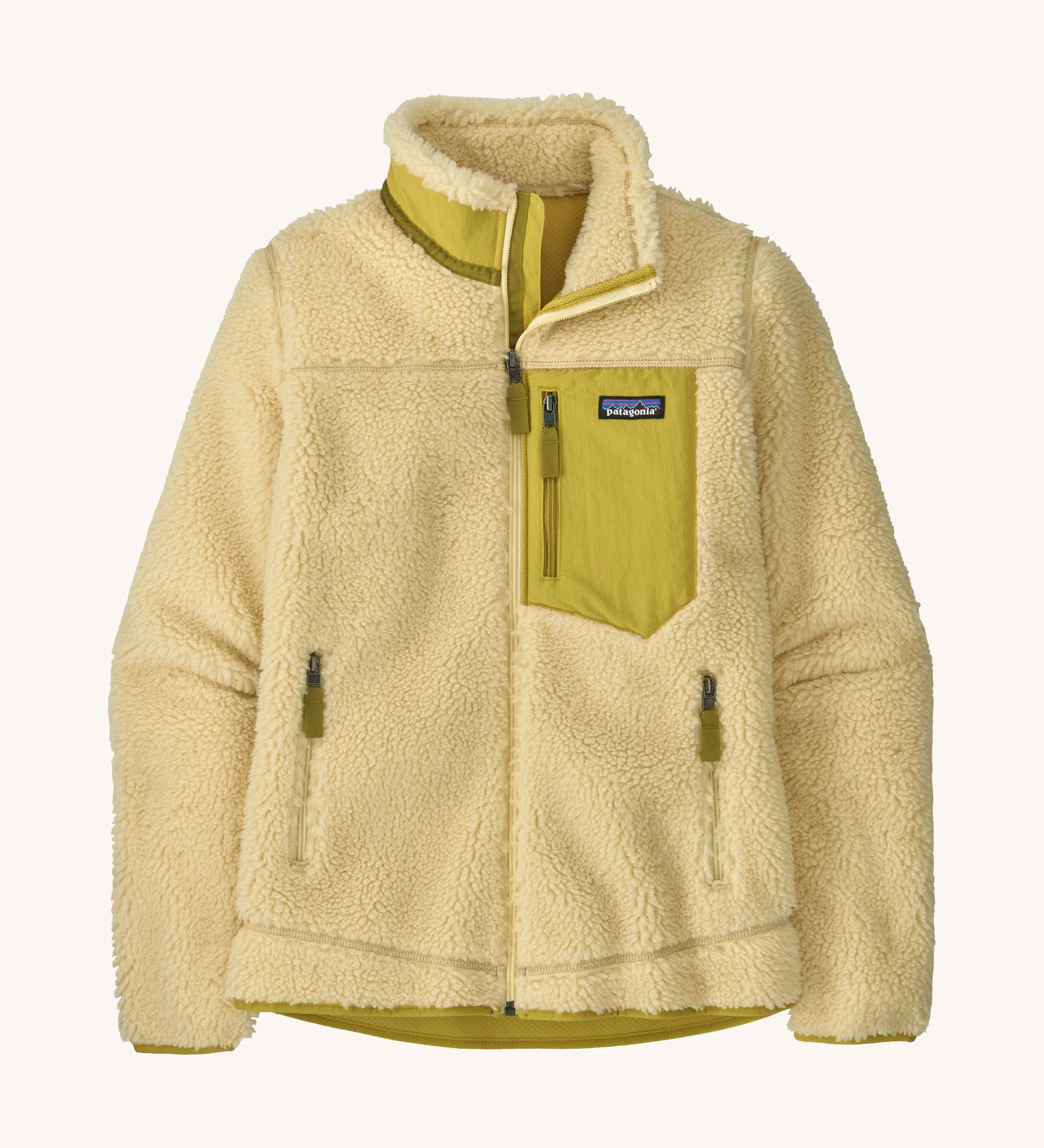 Patagonia women's classic retro fleece jacket in a light yellow colour on a cream background.