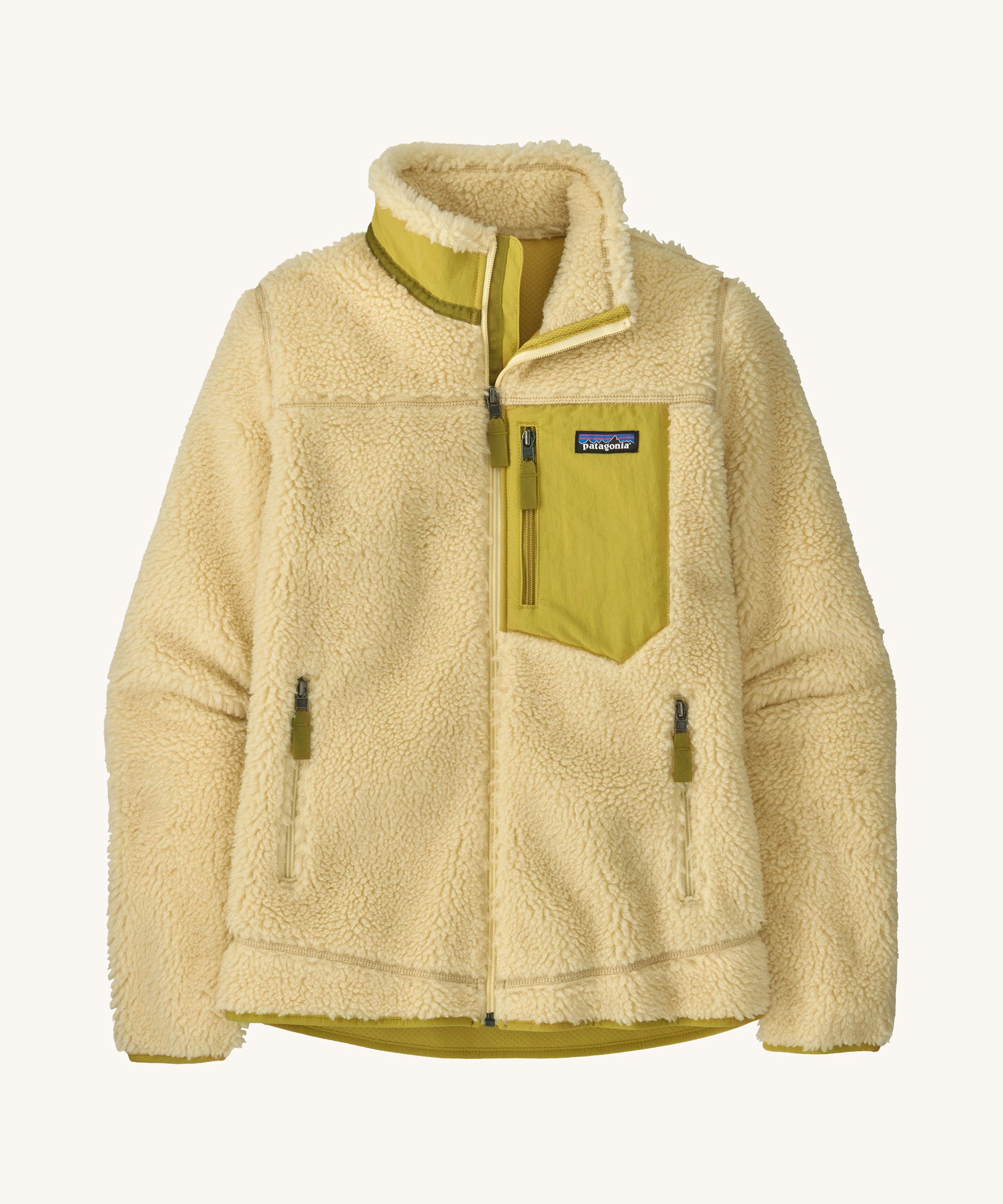 Patagonia women's classic retro fleece jacket in a light yellow colour on a cream background.