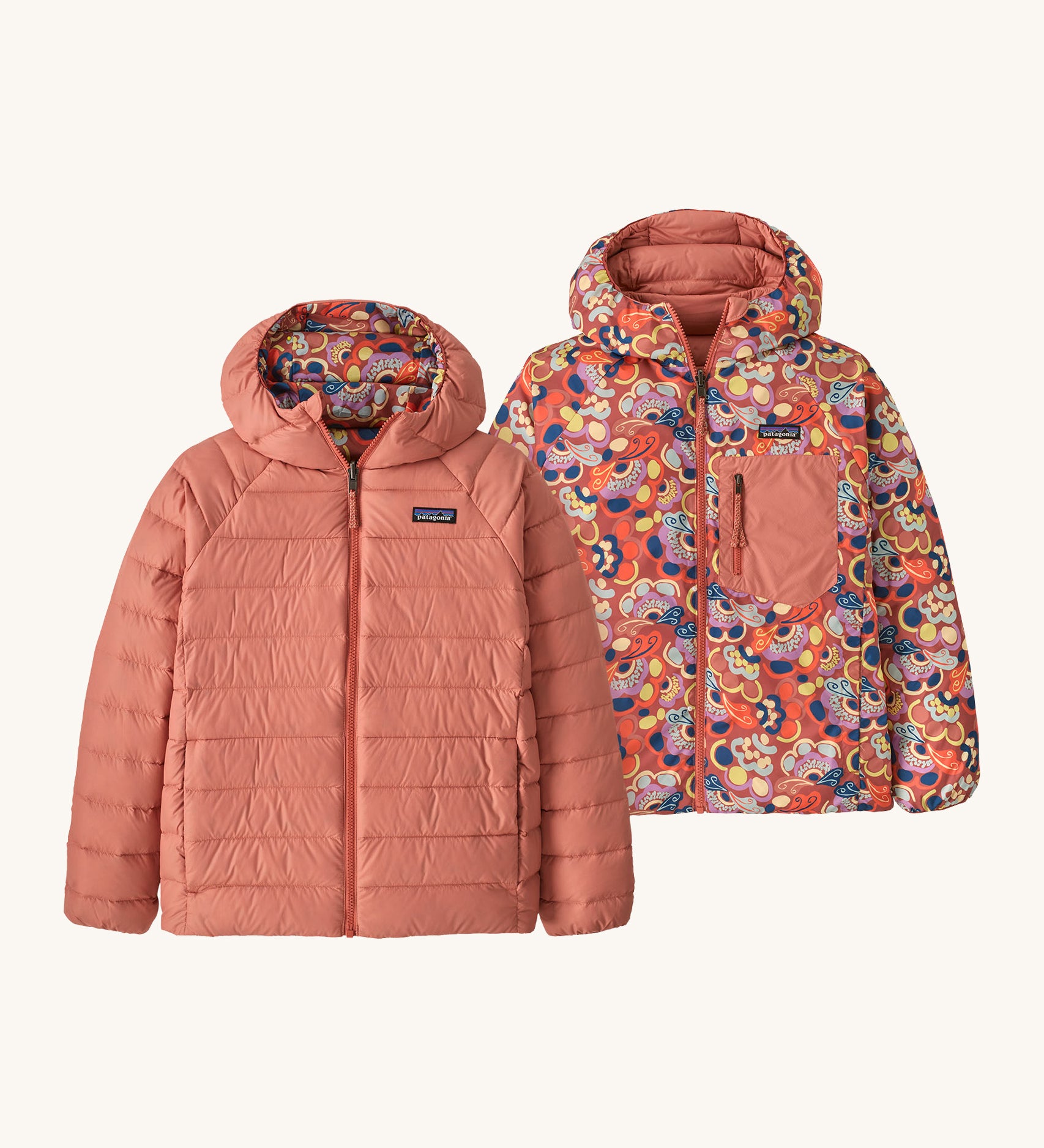 Patagonia Kids Reversible Down Hoody in river river and potters red design side by side showing the different colour and print detail.