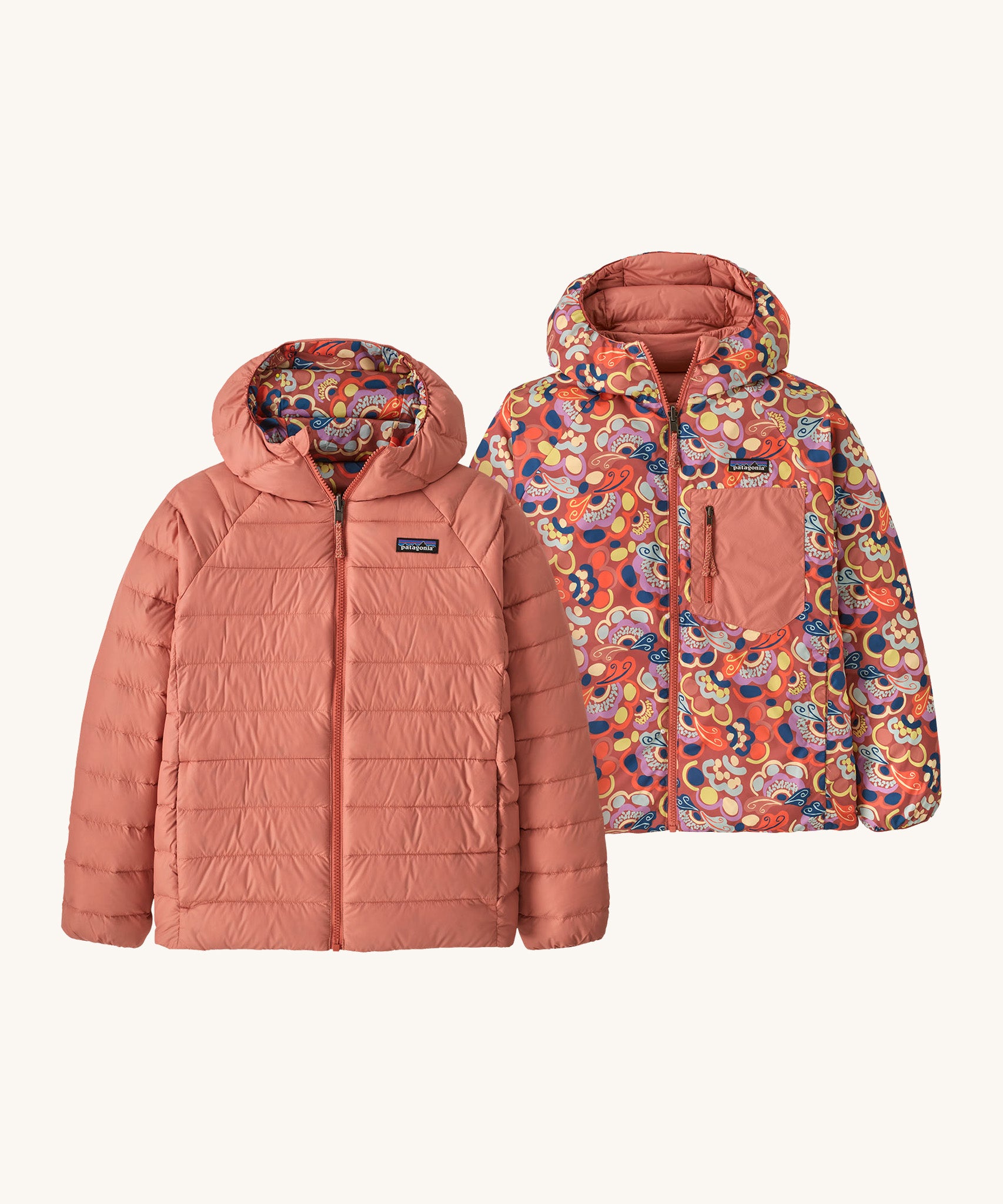 Patagonia Kids Reversible Down Hoody in river river and potters red design side by side showing the different colour and print detail.