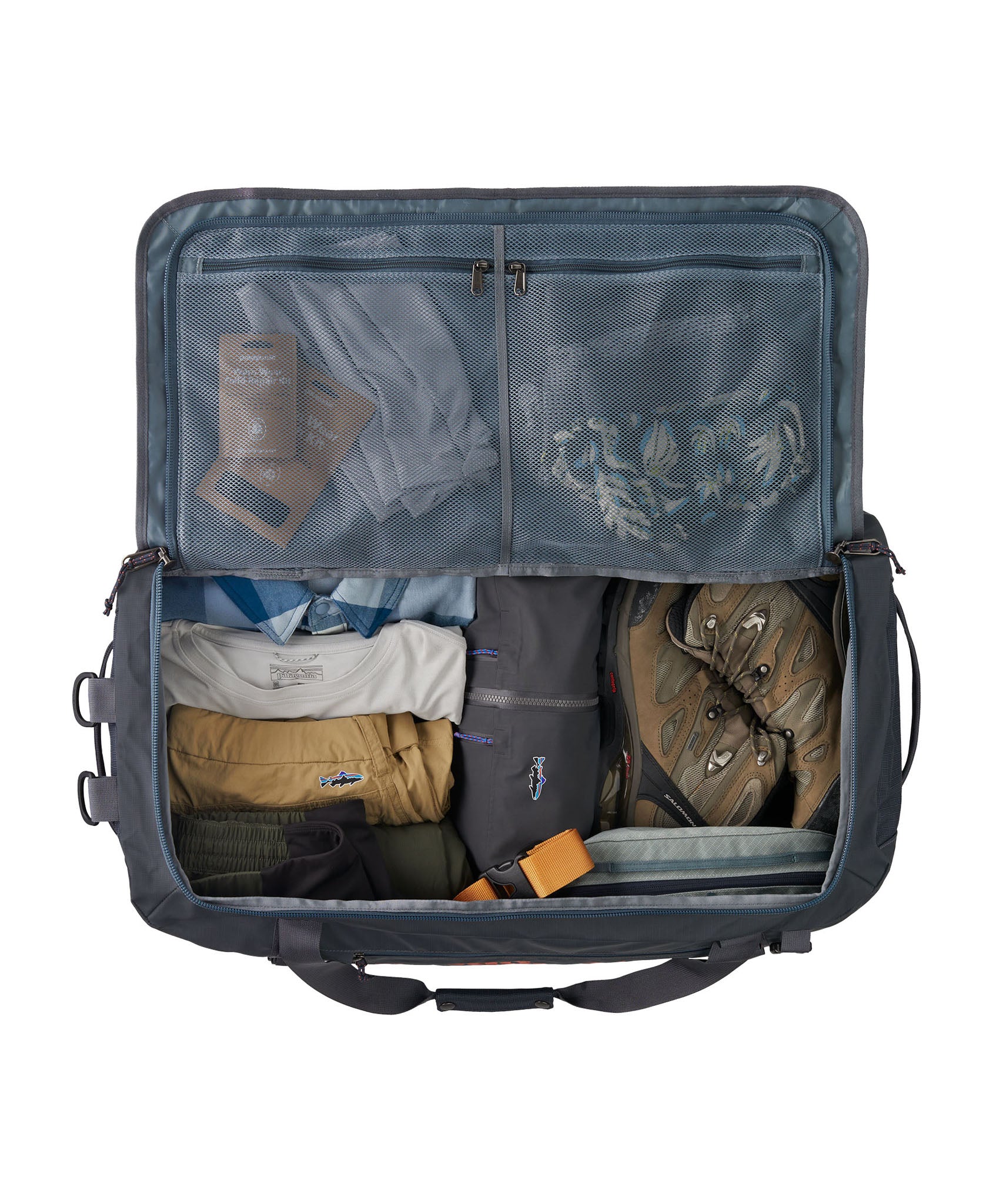 Inside the Patagonia Black Hole Duffel 70L backpack available at Babipur showing how much it can hold