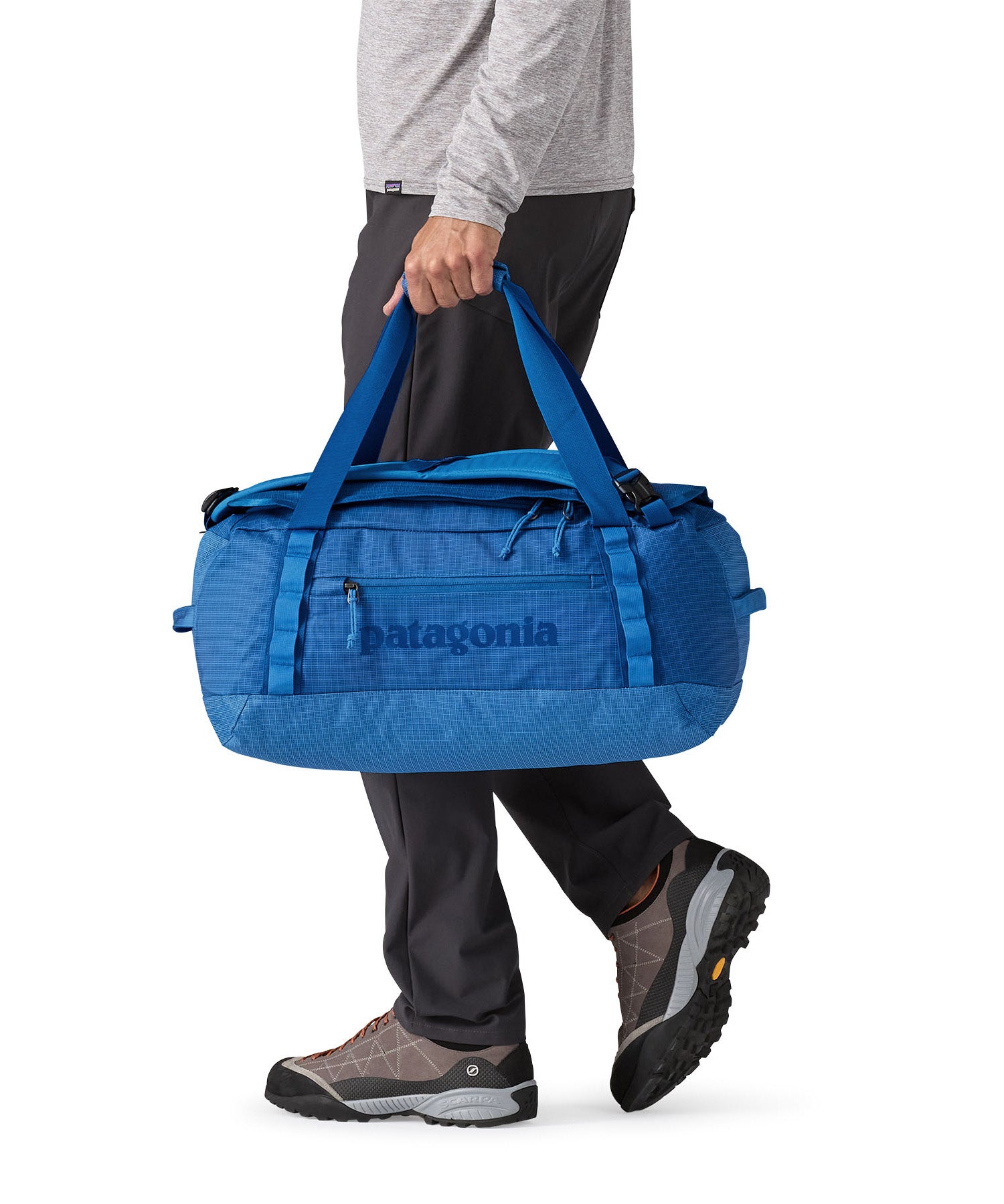 Patagonia black hole duffel bag in endless blue colour side detail
