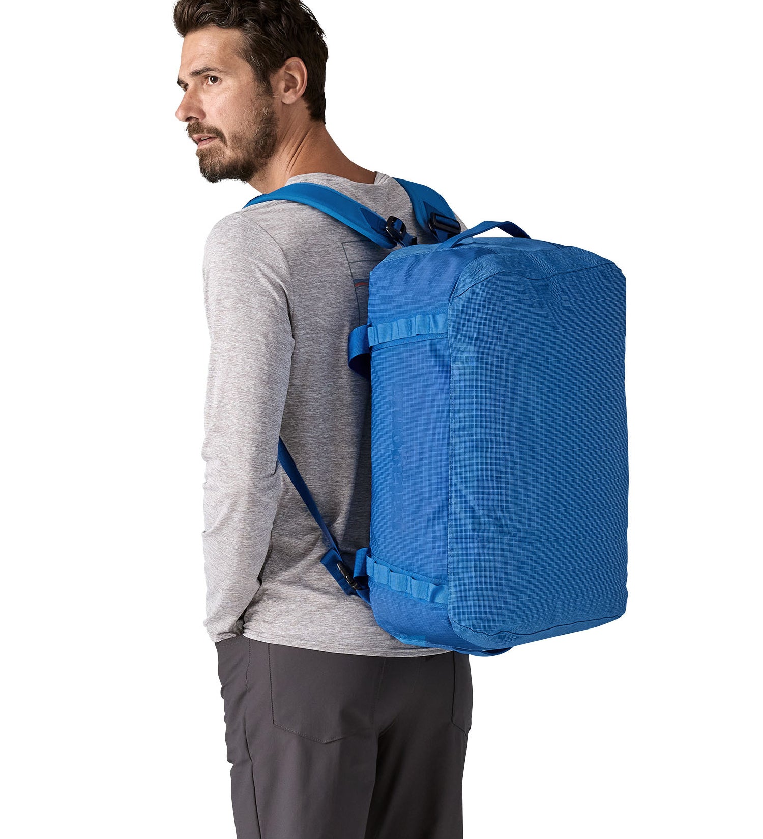 Patagonia black hole duffel bag in endless blue colour bottom detail