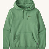 Patagonia Fit Roy uprisal hoodie in ellwood green. A thick jersey style hoodie with brand name printed on the chest . Features a kangaroo pouch style pocket and drawstring for hood size adjustment. 