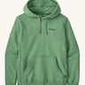 Patagonia Fit Roy uprisal hoodie in ellwood green. A thick jersey style hoodie with brand name printed on the chest . Features a kangaroo pouch style pocket and drawstring for hood size adjustment. 