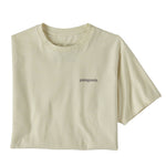 The Patagonia Adult Fitz Roy Icon Responsibili-Tee in a Birch White colour folded into a square with one sleeve out. The grey coloured patagonia logo can be seen on the top left of the top.