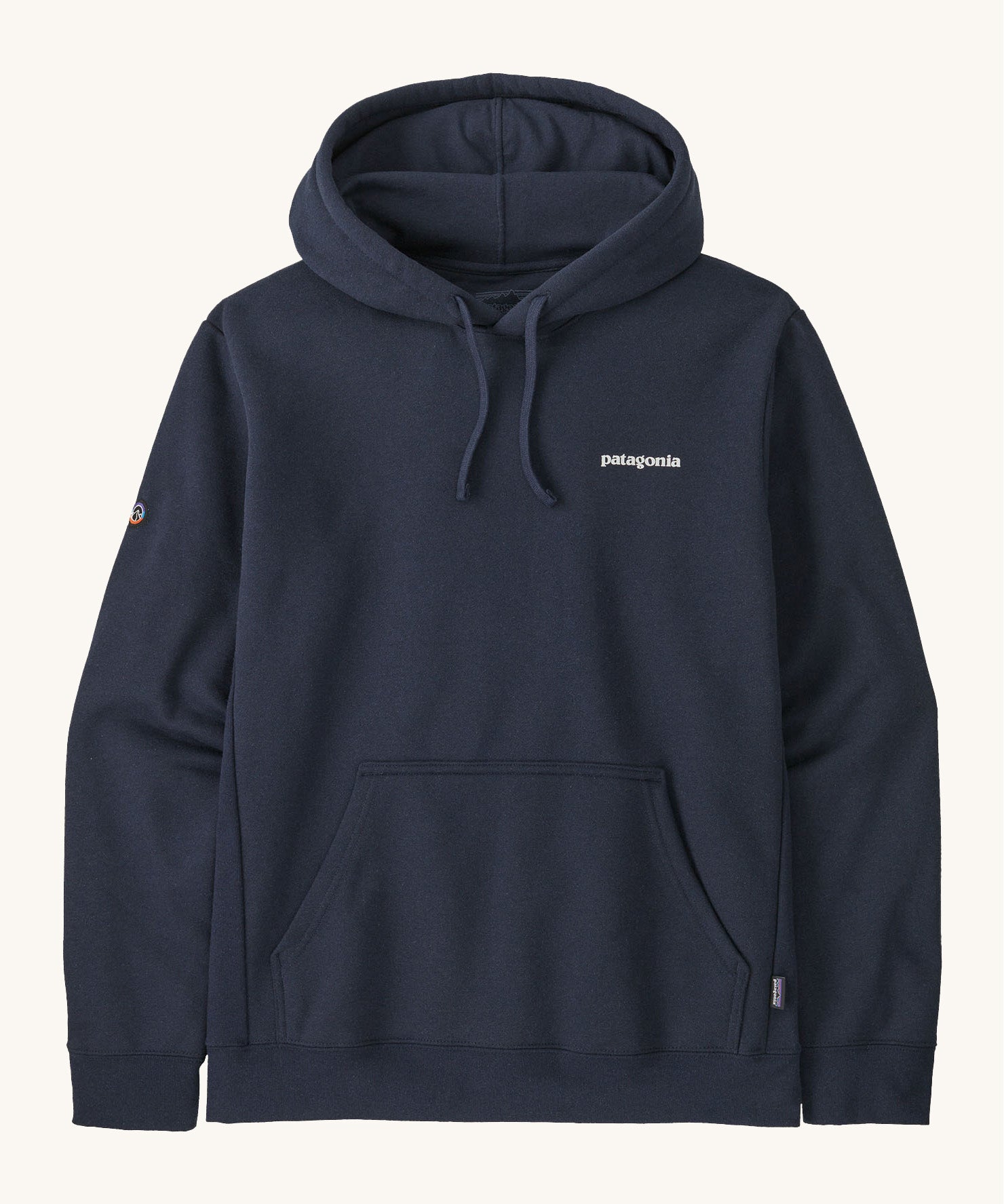 Patagonia Fitz Roy uprisal adult hoody. A navy hoodie which features a adjustable drawstring on the hood and a pouch pocket on the front. Features the logo name printed on the left chest and a small icon on the right arm.
