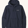 Patagonia Fitz Roy uprisal adult hoody. A navy hoodie which features a adjustable drawstring on the hood and a pouch pocket on the front. Features the logo name printed on the left chest and a small icon on the right arm.